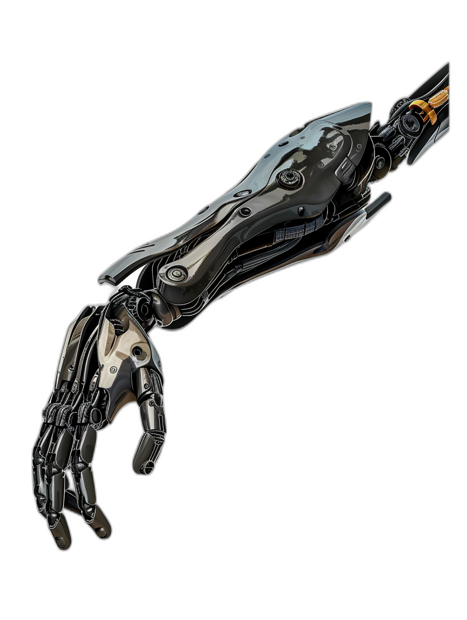 3/4 view of a cyberpunk arm proposing a robot hand with a black background, in the style of scifi realism, with dark silver and light gold colors, high resolution, on the side with hyperrealistic details, hard surface modeling, on an isolated black background