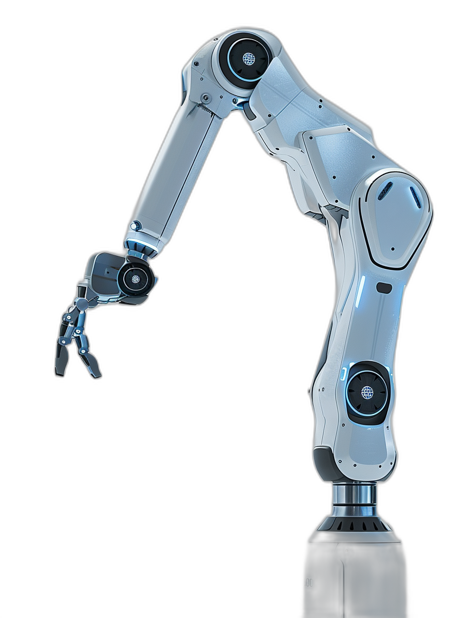 A robotic arm, futuristic style, white and silver color scheme, against black background, high resolution photography, full body shot, front view