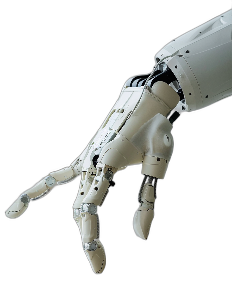 Photo of a white robot hand reaching out to the camera, isolated on a black background, side view, in the style of hyper realistic photography.