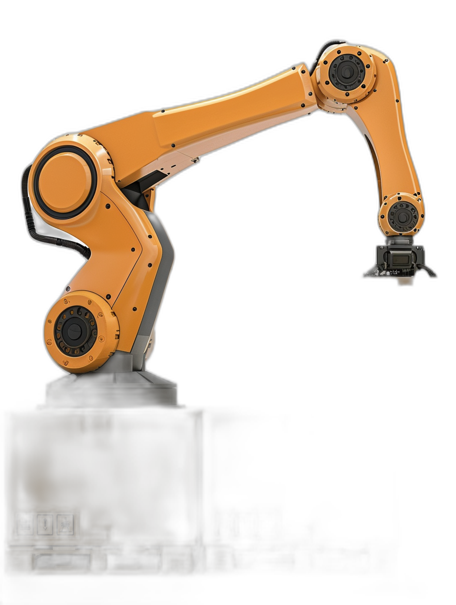 A robotic arm on black background is lifting an orange pallet, side view, high resolution, high quality, high details, high contrast, hyper realistic, photorealistic, super detailed,