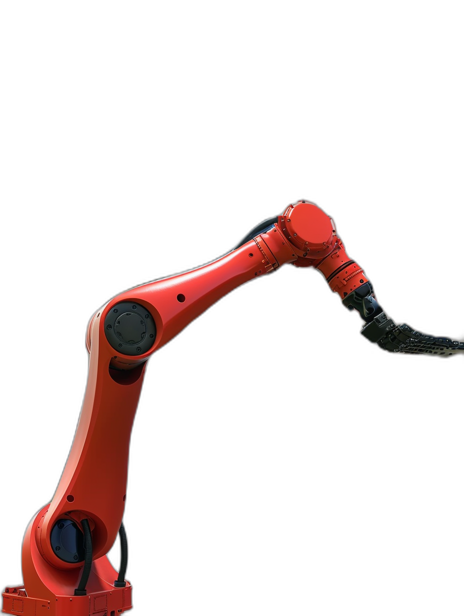 Photo of an industrial robot arm in red color on black background, holding something with its hand, isolated on the left side of picture, stock photo, studio shot, hyper realistic