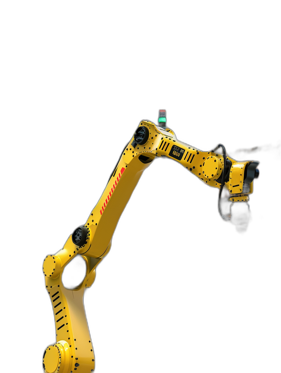 yellow industrial robot arm on black background, side view, high resolution photography