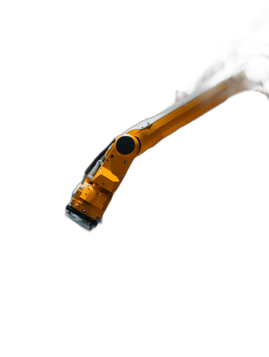 Photo of a robotic arm on a black background, with an orange and yellow color scheme and minimalistic design. It is a closeup shot taken with a macro lens, under high contrast lighting with sharp focus on the robotic arm’s mechanical parts and subtle shadows to add depth.