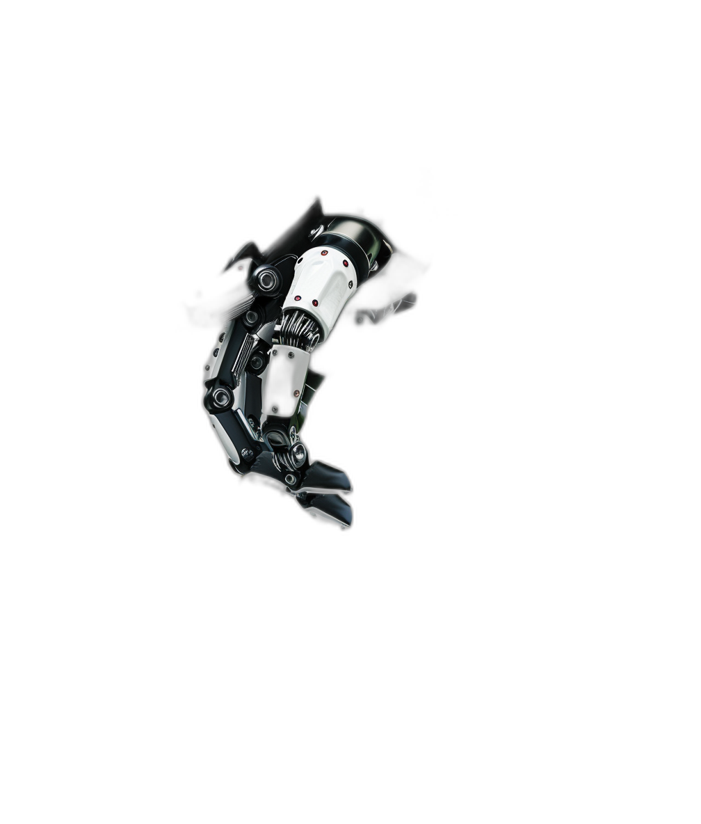 A robotic hand with white metal and black details floats in the air, black background, high resolution photography, hyper realistic photo