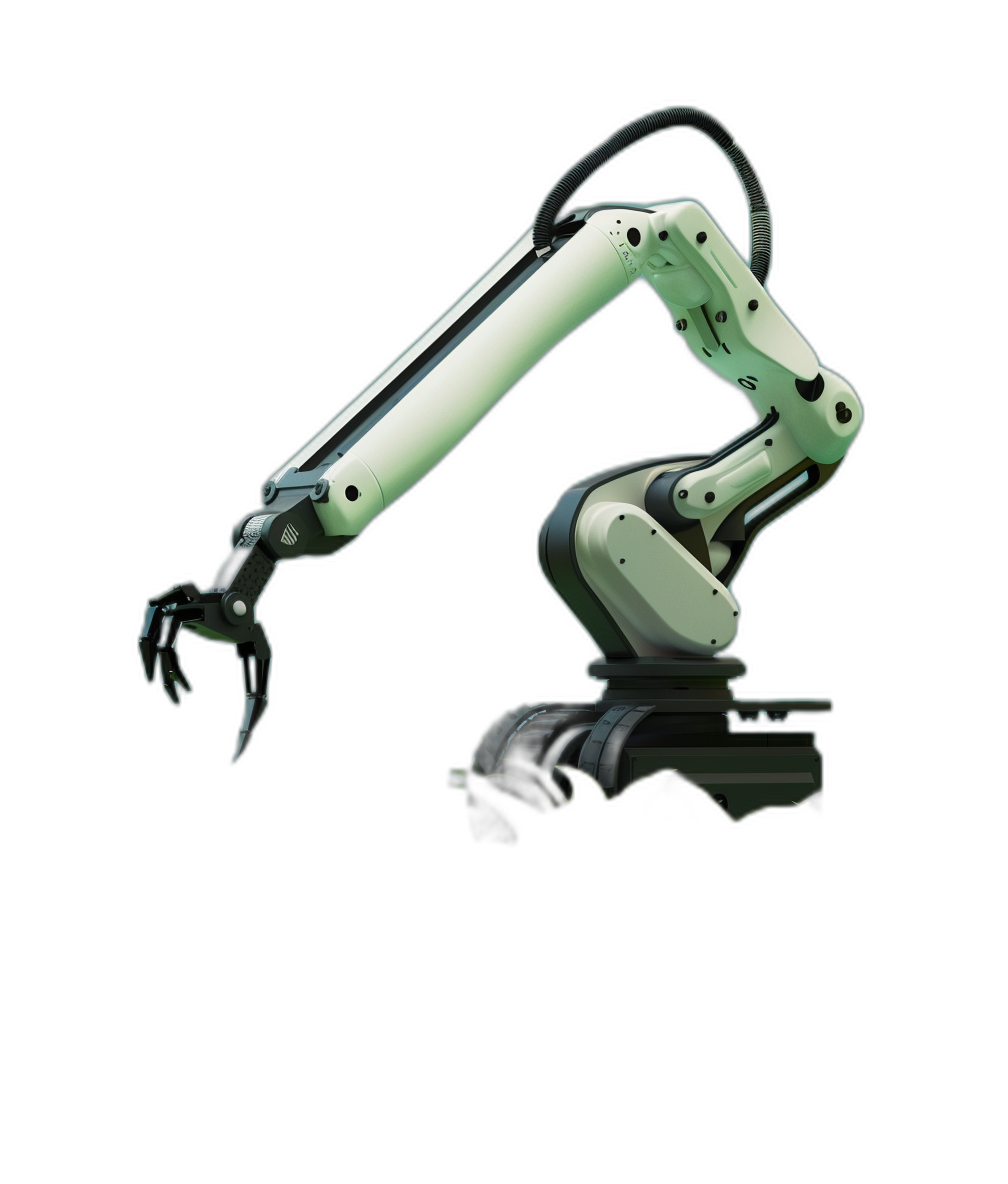 modern white and green industrial robot arm on black background, high resolution photography, insanely detailed, isolated, black background, stock photo