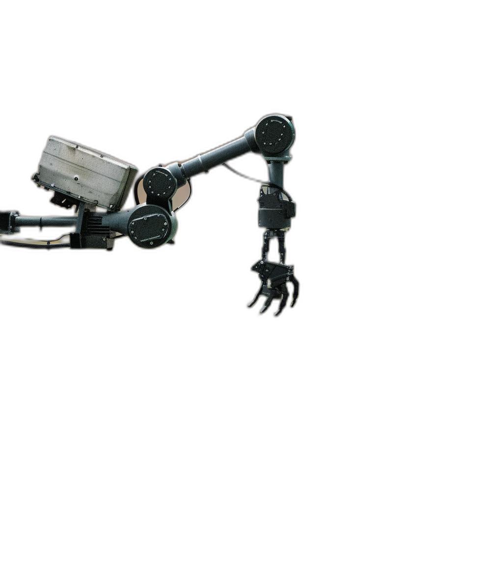 A robotic arm holding a small object on a black background, side view, isolated. The image is in the style of an Asian artist but contains no Chinese characters.