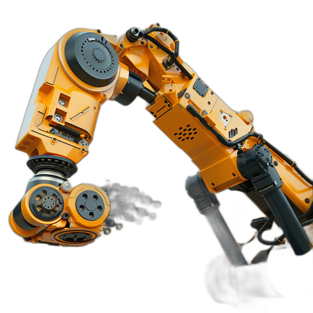 A robotic arm with orange color on a black background in the style of hyper realistic studio lighting with high resolution photography and insanely detailed intricate details in the style of hyperrealistic with sharp focus in a studio photo.