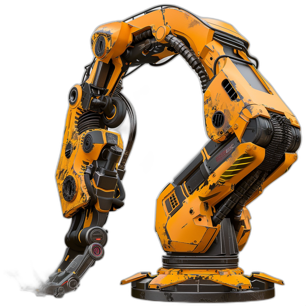 3/4 view and half side view of an industrial yellow and black robot arm with black details in the style of cyberpunk style on the front and back of it is painted a little bit with an orange color, dark background, hyper realistic render.