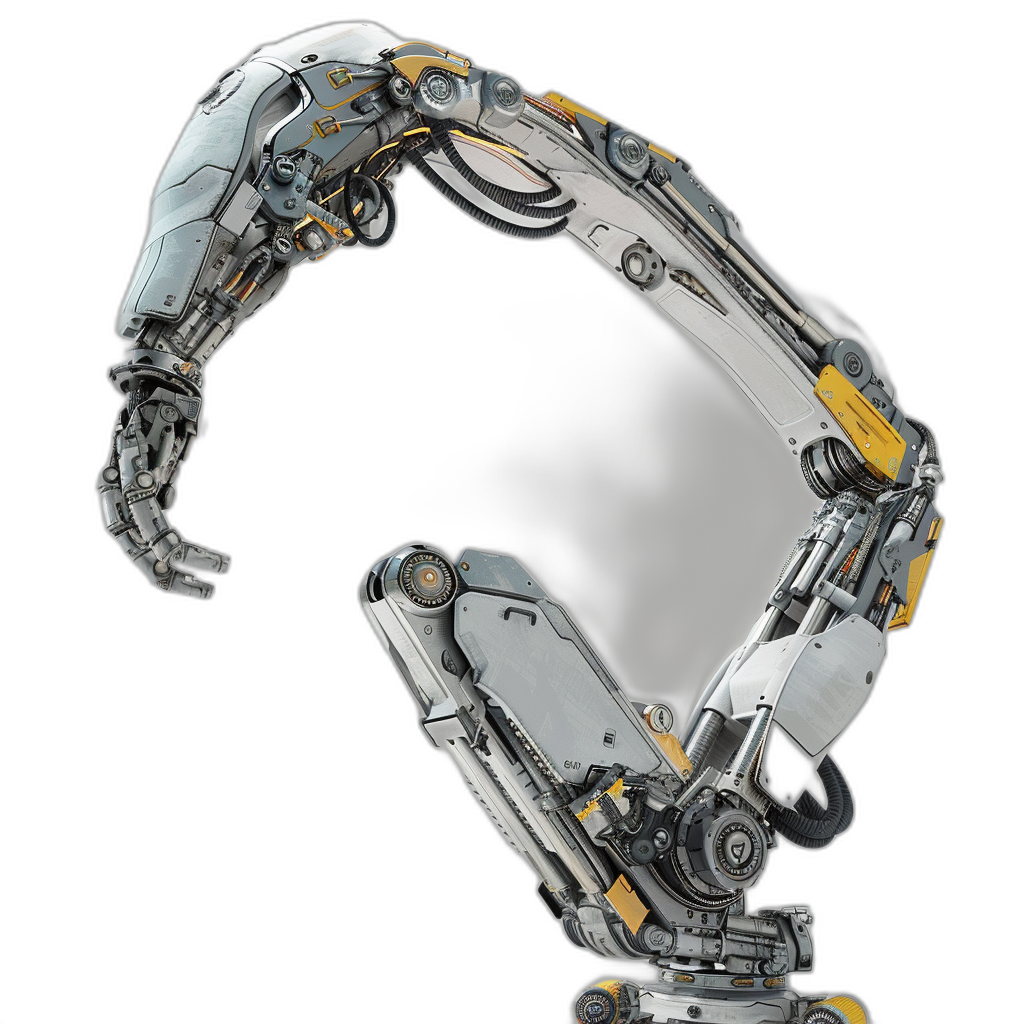 A robotic arm that can reach out and touch the screen, with a silver body and yellow embellishments on a black background, shown from a product perspective.