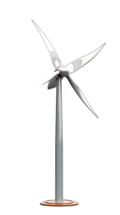 White wind turbine, on solid black background, simple 3D style, simple details, minimalistic design, white metal with copper base and round stand for the bottom of the structure, very elegant, very modern and realistic style, very simple and minimalistic, full view of the object from head to toe, perspective from above