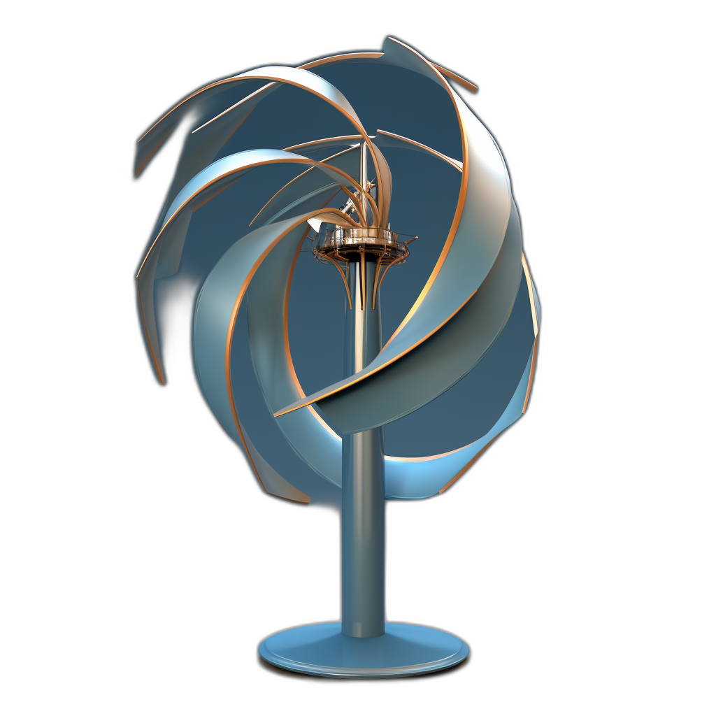 3D rendering, on the blue stand is an abstract modern windmill with spiral blades in light bronze and white colors, isolated black background, studio lighting