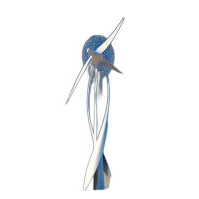 A wind turbine, front view, in white and blue colors, 3D rendering style, on a solid black background, 20 megapixels. In the center of an abstract composition is a small globe made up only of straight lines in various shades of gray, with a modern design that resembles a futuristic sculpture or art installation. The scene includes three blades on each side of it, with one blade pointing upwards towards two large bladed wings extending from its top, creating sharp angles at different heights in the style of a modern artist.