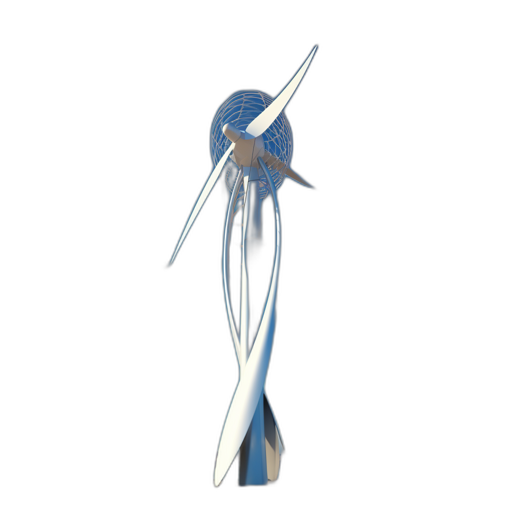 A wind turbine, front view, in white and blue colors, 3D rendering style, on a solid black background, 20 megapixels. In the center of an abstract composition is a small globe made up only of straight lines in various shades of gray, with a modern design that resembles a futuristic sculpture or art installation. The scene includes three blades on each side of it, with one blade pointing upwards towards two large bladed wings extending from its top, creating sharp angles at different heights in the style of a modern artist.