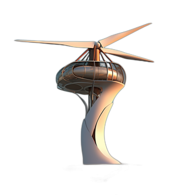 3d rendering of wind turbine with glass windows on black background, futuristic design concept. In the style of industrial futurism. The tower is made from steel and has white panels with rounded edges. It features an abstract shape that resembles two curved lines attached to its base. A single propeller flies in front at low angle, illuminated by warm light coming out of it. Atop each line sits a round roof. High resolution