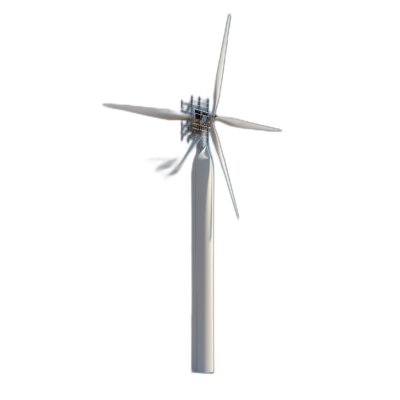 A wind turbine in the colors of white and blue, flying in the air against a black background, shown in an isometric view, rendered in a hyperrealistic and hyper detailed style with no shadows, at a high resolution, using octane render with a bright environment and studio lighting, is a 3D rendering created in the style of blender and redshift.