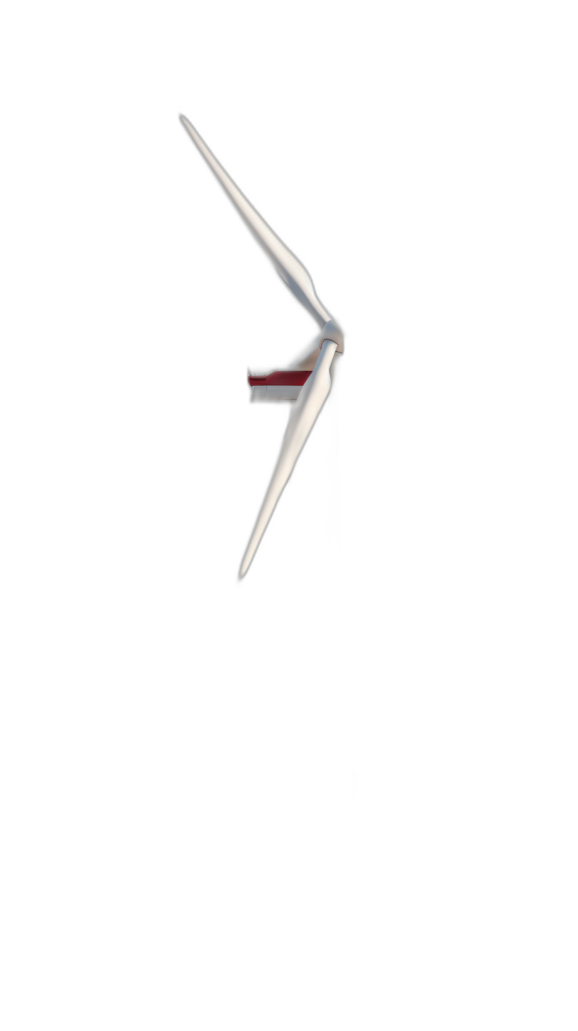 A wind turbine is flying in the air, pure black background, minimalist style, simple lines, C4D rendering, closeup shot of white and red color windmill, no light and shadow on it, with only one piece of wings showing. It has a strong sense of depth, high resolution, and high definition. The camera angle shows its entire body from above. There should be some light coming out at top left corner. .2K