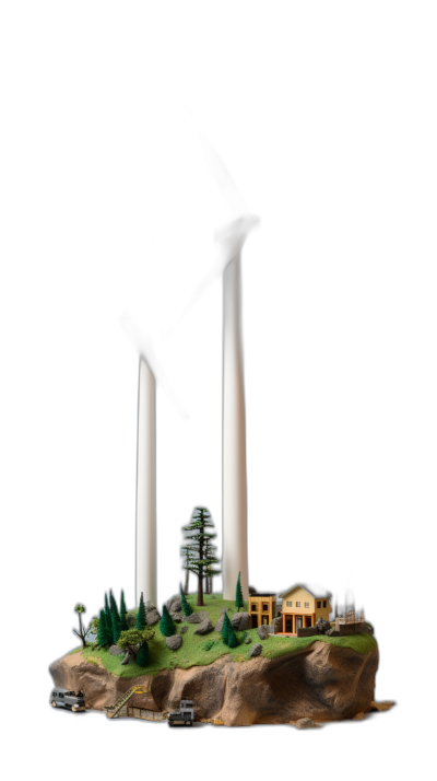 A miniature model of two wind turbines on top of an island with trees and houses, on black background, made in clay style. The scene includes three white columns emitting smoke from the bottom to symbolize air pollution. This is a detailed and realistic illustration with a high level of detail, created using Blender software and rendered as a 3D rendering.