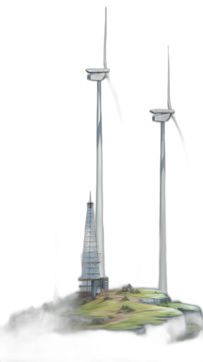 A wind turbine is on the left, and another one stands in front of it. The tower building at its base contains energy storage equipment for gradients, with green grass underneath. Dark background. In the style of digital painting.