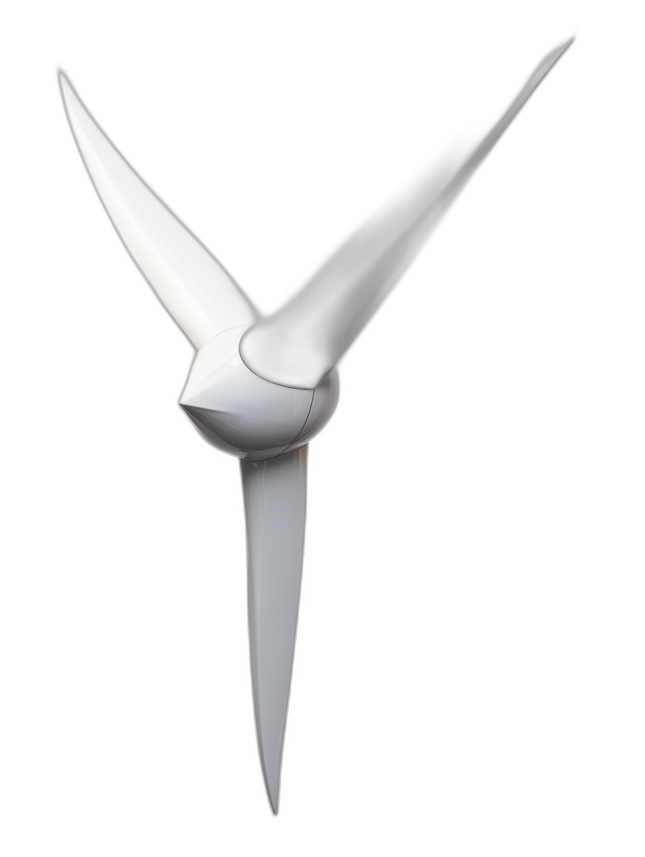 White wind turbine, black background, 3D rendering, white and black color scheme, closeup of the front of two blades on one wing, minimalist style, high resolution, high detail, simple pure black background.