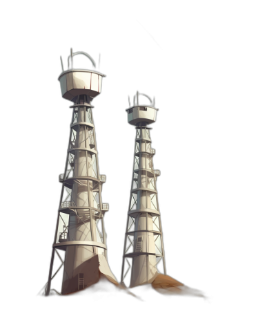 2 white watchtowers, in the style of cartoon, 3D render, on a black background, low poly