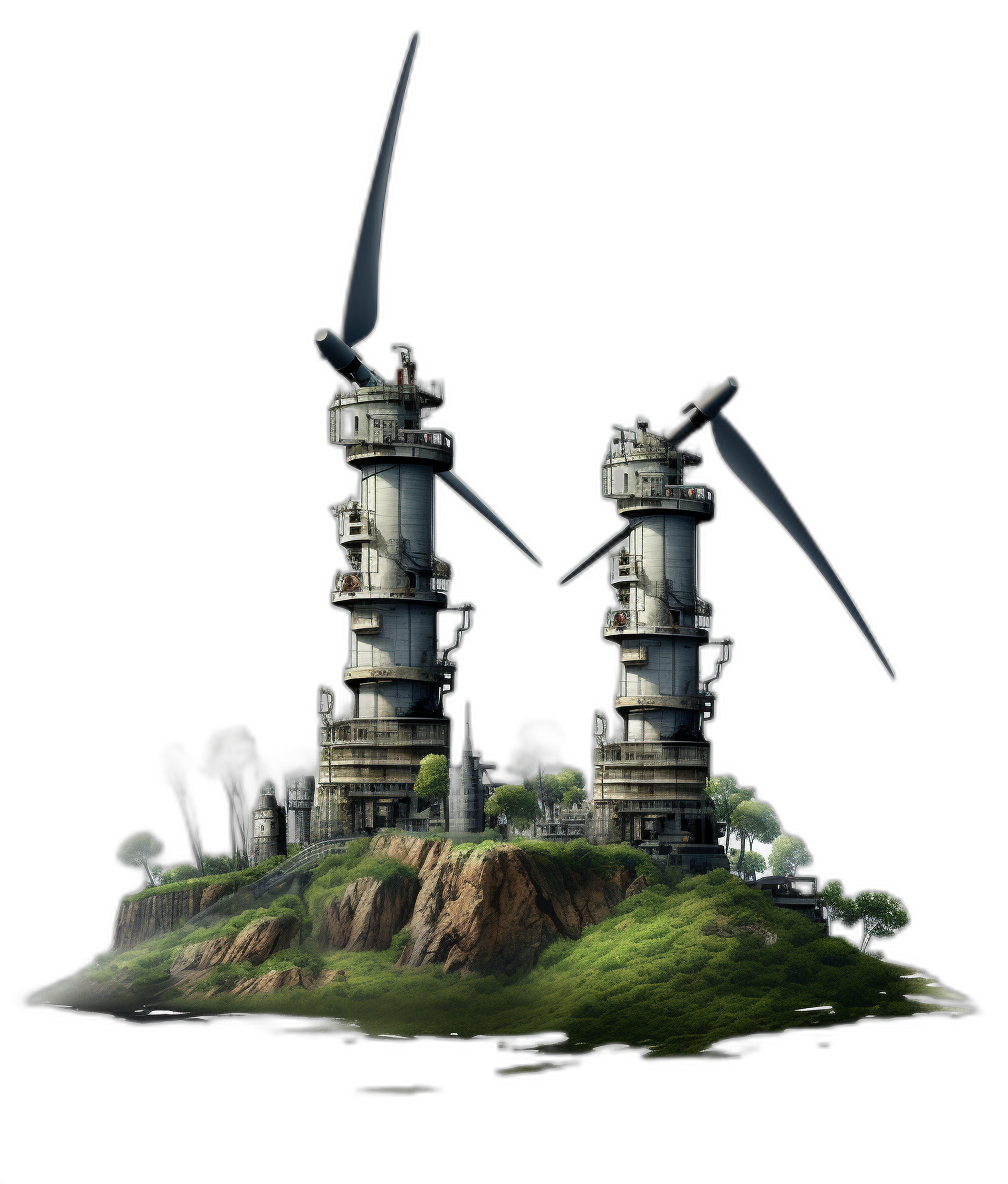 tall wind turbines on an island, black background, concept art in the style of Masaaki stubbornness