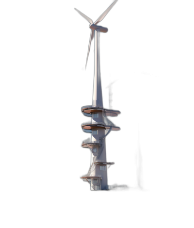 A single wind turbine in front of a black background, photorealistic and hyper realistic, shot with a Sony Alpha A7 III and a macro lens. The tower is composed of four elements, each one has three blades, the two highest ones have dark colors while the bottom ones are white. Each blade reflects on its surface the environment it creates around. It's a vertical composition in the style of the artist.