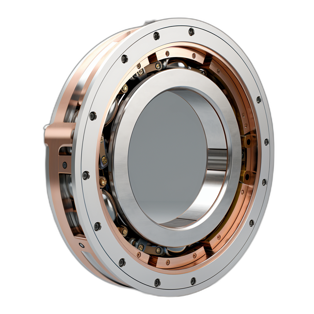 3D render of a circular device for making shoulders in white and copper metal, with a round window on the side, on a black background, product photography rendered in the style of Octane rendering, for a hyper realistic style.