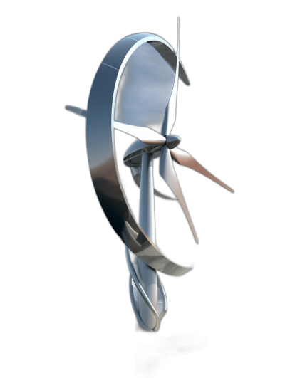 A wind turbine with blades made of liquid metal, floating in the air on a black background, with no shadows. The windmill is made from pure silver and has three large blades that form an S shape. It's designed to be sleek and modern, with sharp edges and curves. There should not be any lighting effects or reflections. In a front view, the entire scene must convey a sense of high-tech aesthetics in the style of a futuristic design.