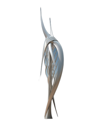 A tall and slender silver sculpture with smooth curves, designed by the renowned architect [Zaha Hadid](https://goo.gl/search?artist%20Zaha%20Hadid). The statue is located in front of an office building on black background. It features sharp edges and curved lines that give it its unique shape. This art piece was created using digital rendering techniques to create realistic lighting effects.