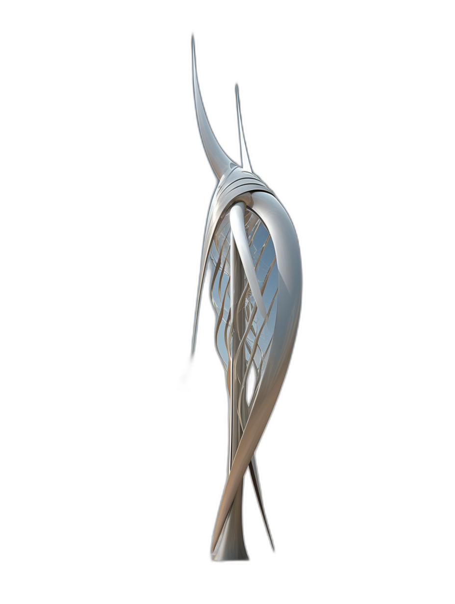 A tall and slender silver sculpture with smooth curves, designed by the renowned architect [Zaha Hadid](https://goo.gl/search?artist%20Zaha%20Hadid). The statue is located in front of an office building on black background. It features sharp edges and curved lines that give it its unique shape. This art piece was created using digital rendering techniques to create realistic lighting effects.