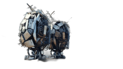 3D render of a metal robot head made from old broken machines, on a black background, in the dark art style, with cinematic lighting, high contrast, dark shadows, for a horror look, with a mysterious atmosphere.