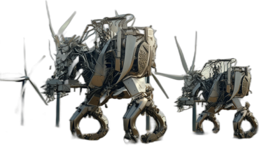 3D render of two mechanical rhinos with sharp metallic structures, set against a black background, showcasing intricate details and textures in high resolution in the style of unknown artist.