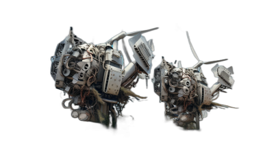 3D render of two wolf heads made from broken electronic parts, on a black background, concept art in the style of a senior artist, created in Blender with Octane rendering, also space marine armor and detailed character designs, mechanical designs, hyperrealistic animal illustrations in dark, white and light gray tones.