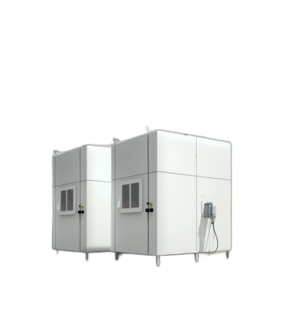 A white square shaped high performance lowpoly MSheet smart building, with air horns and a door on the front of it. The exterior is made from aluminum profile. It has two small windows in one side wall and an electrical station on its right hand corner. Black background.