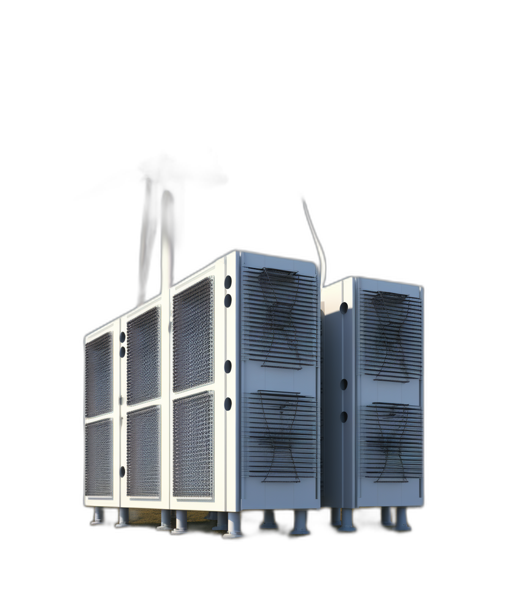 A photorealistic rendering of two large white airplate heat pump machines on a black background, in a perspective view.