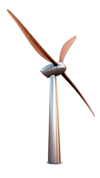 A modern wind turbine with a sleek, metallic exterior and elegant wooden blades on the propeller. The base of it is made from polished stainless steel, creating an eye-catching contrast against its clean black background. This detailed rendering captures every detail in high resolution, showcasing the fusion between technology and nature in design.