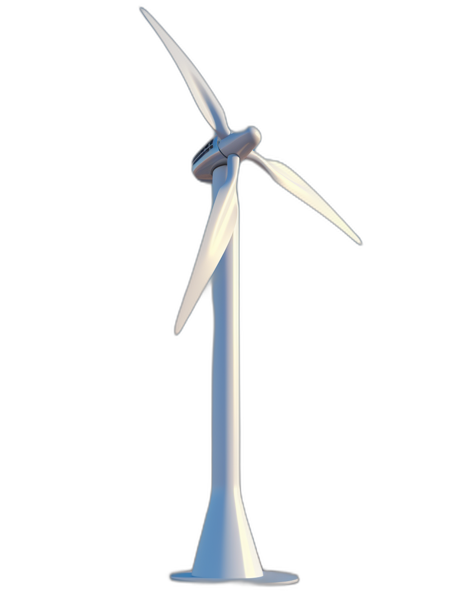 3D model of a white wind turbine on a black background in an isometric view without shadows in a minimalistic style with a simple design without gradient shading, reflections, light effects, or textures. The illustration is a high resolution vector image using only white and blue colors without gradients, highlights, shading, lighting, or reflections.