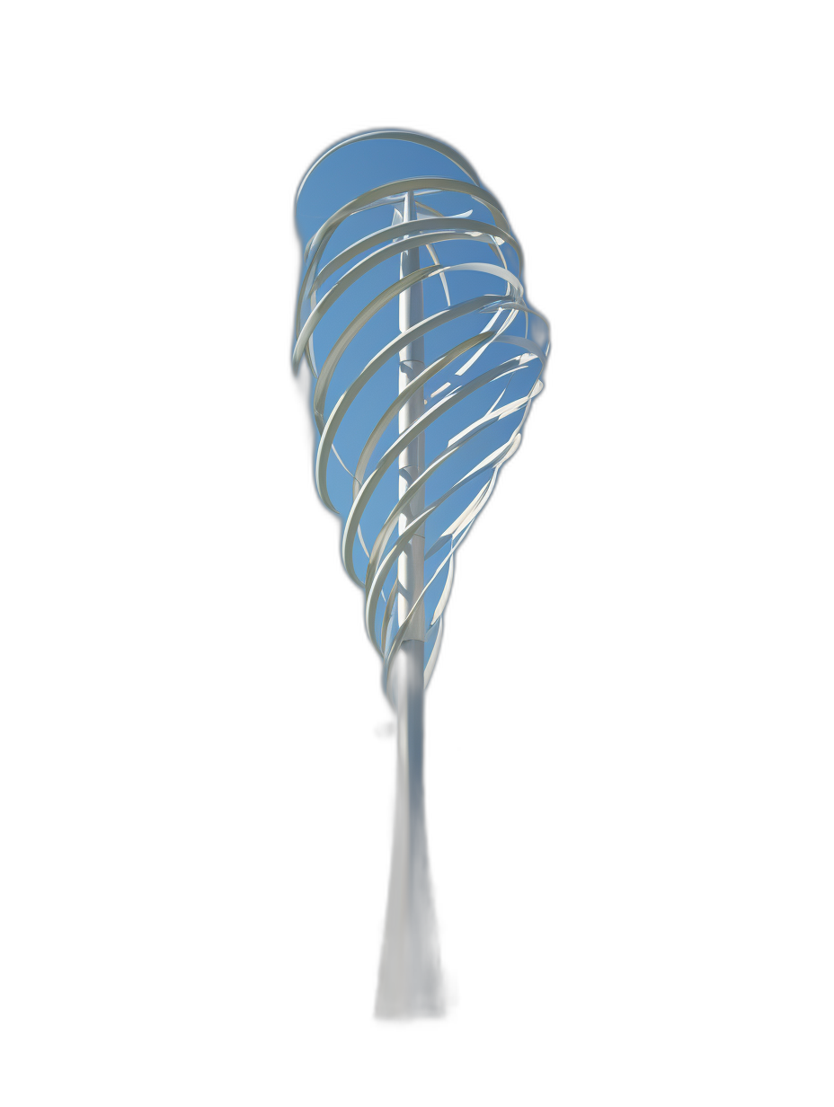 futuristic helix shaped wind turbine, white and blue on black background, simple 3d rendering style, no shadows, low detail, no shading, bright, soft lighting, solid color background, minimalistic, elegant, high resolution, sharp focus, clear lines, smooth curves, no blur, no grainy textures, centered composition, clean and streamlined.