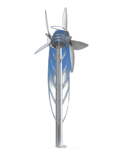 A wind turbine with three blades, which is 3D rendered in white color on a black background. The first blade has blue flames coming out from it and flowing upwards to form an arch above its head. In front view, it stands tall against a clear sky, creating a striking contrast between lightness and strength. This depiction highlights both the aesthetic appeal and functional role of modern energy research technology in the style of modern art.