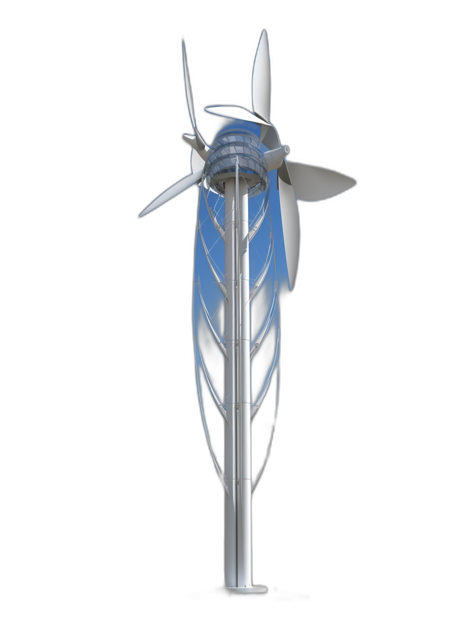 A wind turbine with three blades, which is 3D rendered in white color on a black background. The first blade has blue flames coming out from it and flowing upwards to form an arch above its head. In front view, it stands tall against a clear sky, creating a striking contrast between lightness and strength. This depiction highlights both the aesthetic appeal and functional role of modern energy research technology in the style of modern art.