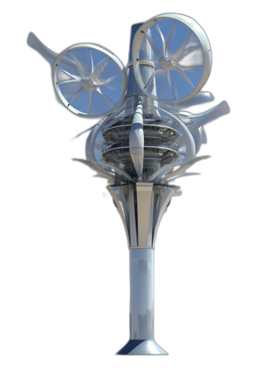 A futuristic wind turbine with four propellers on top of the tower, isolated on a black background, concept art in the style of trending design styles, concept sketching style, front view, 3D rendering, C4d, octane render, blender, white and blue color scheme, highly detailed, high resolution, 20 megapixels, hyperrealistic.