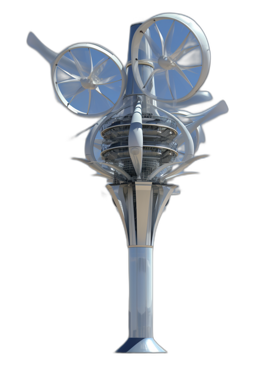 A futuristic wind turbine with four propellers on top of the tower, isolated on a black background, concept art in the style of trending design styles, concept sketching style, front view, 3D rendering, C4d, octane render, blender, white and blue color scheme, highly detailed, high resolution, 20 megapixels, hyperrealistic.