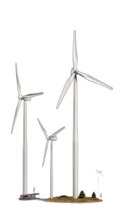 A photorealistic wind turbine model set against a black background, showcasing three different types of turbines with their blades and components clearly visible. The focus is on the detailed construction and design elements that make each style unique. Soft lighting creates shadows to highlight textures in the white metal surfaces. This composition highlights various aspects of these elegant wind towers while maintaining an overall clean look.