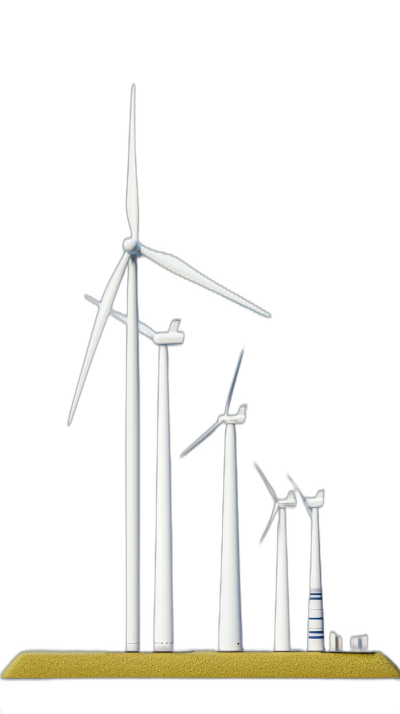 White wind turbines of varying sizes stand on the ground, with a black background and yellow sand at their base. This 3D rendering depicts the scene in a vector graphic illustration style with hyperrealistic detail, a white and blue color scheme, minimalism, and clear lines. The frontal view presents the scene in a three-dimensional perspective.