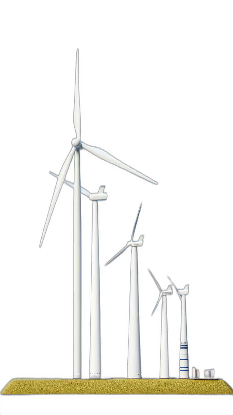 White wind turbines of varying sizes stand on the ground, with a black background and yellow sand at their base. This 3D rendering depicts the scene in a vector graphic illustration style with hyperrealistic detail, a white and blue color scheme, minimalism, and clear lines. The frontal view presents the scene in a three-dimensional perspective.