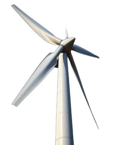 White wind turbine, 3D rendering, black background, high resolution photography, closeup perspective, low angle view, sharp focus, topdown lighting, solid color background, no shadows on the ground. The tower is made of white metal and has three blades that spinning in the air. It stands tall against the sky with its entire body visible from below. A white round circle shines at the bottom of each blade.