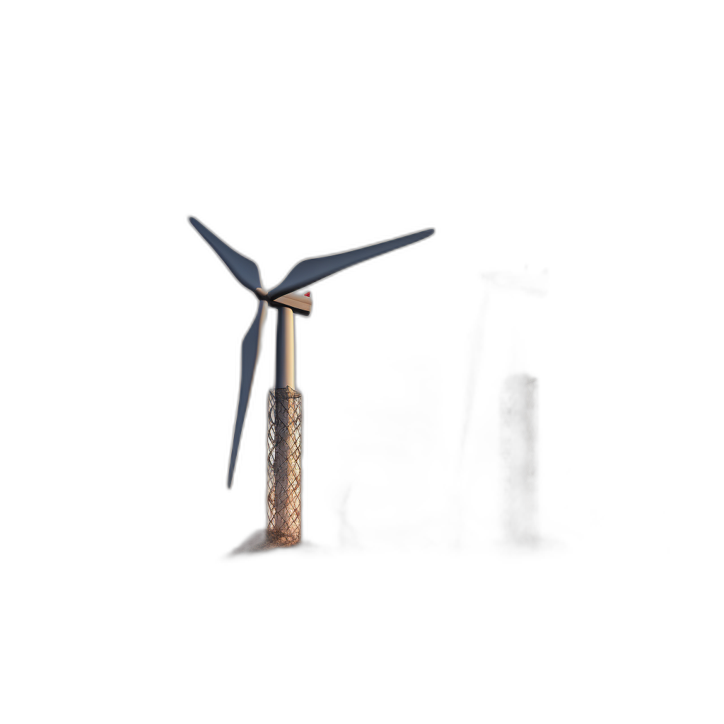 A wind turbine made of glass and steel stands in the dark, illuminated in the style of light from behind. The windmill is isolated on a black background with soft shadow, in a minimal concept, studio shot, in a beauty fashion style stock photo contest winner, high resolution photography, hyper realistic.