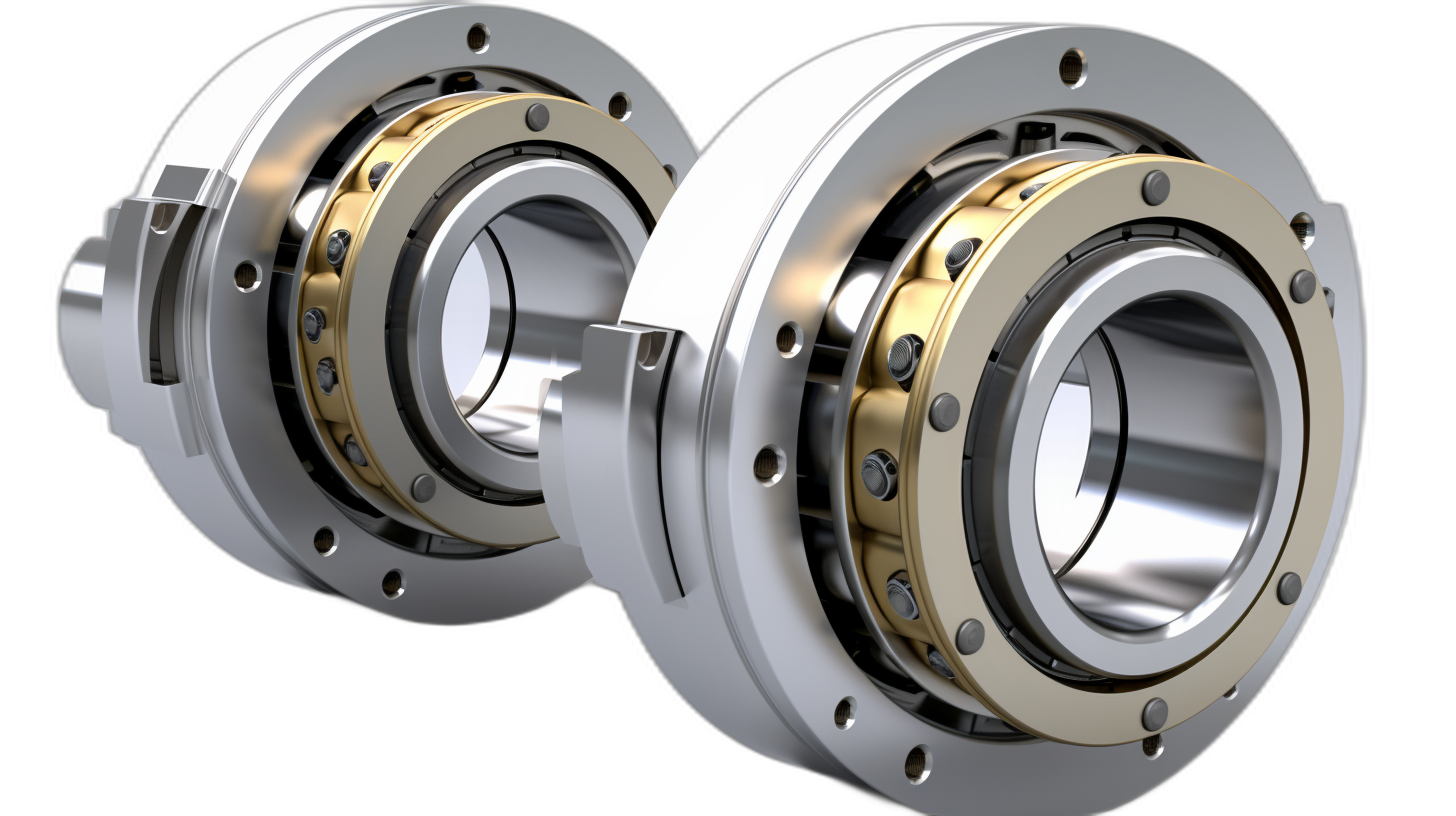 Two isolated steel motor bearings with golden cages entwined, one side white and the other grey, on a black background. The piece is rendered in the style of 3D rendering.