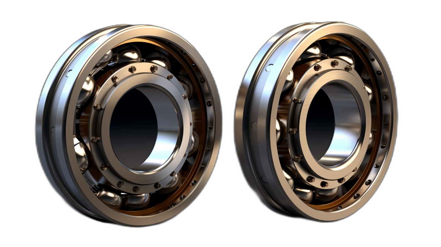 3d render of two pieces of” ” ballbearings, one with the inner race showing and other outer edge showing, on black background, hyper realistic, super detailed,