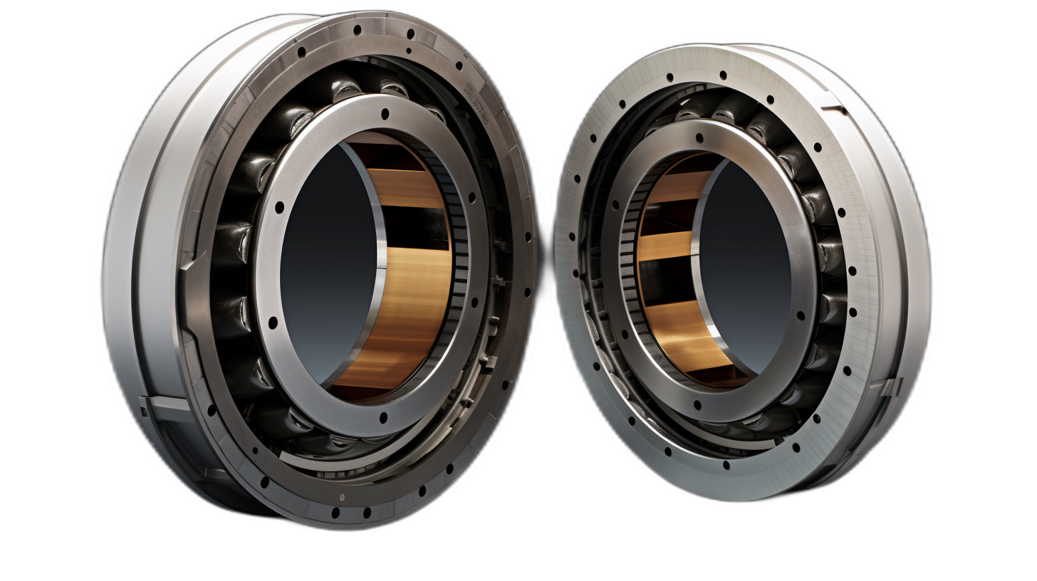 Two full-body shots of industrial roller bearings on a black background, hyper realistic and super detailed, with studio lighting, rendered in Octane, 3D rendering. The shots are in the style of hyper realistic and super detailed 3D rendering.